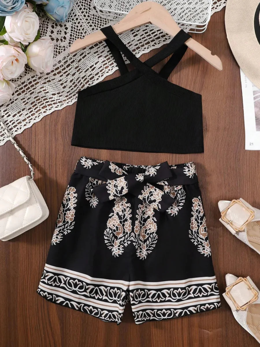 Girls Two-Piece Outfit Set with Tied Top and Pants – Ages 8-12