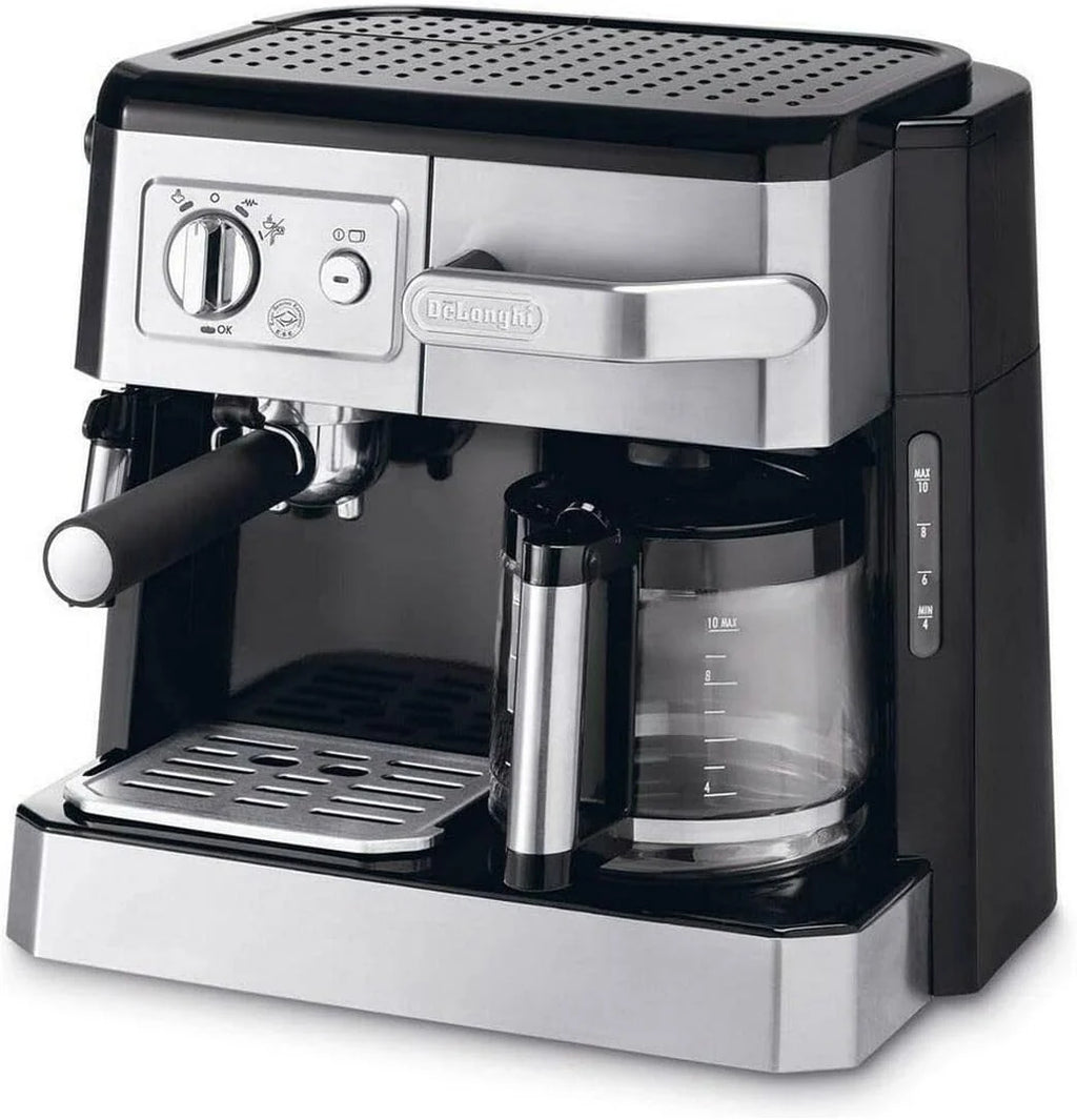 Ekspres do kawy kombinowany De'Longhi BCO 421.S — ekspres do kawy z filtrem espresso i funkcją filtra kawy, w tym dysza do spieniania mleka, szklany dzbanek i system filtrów wody, 1 l, stal nierdzewna/czarna, pojedyncza