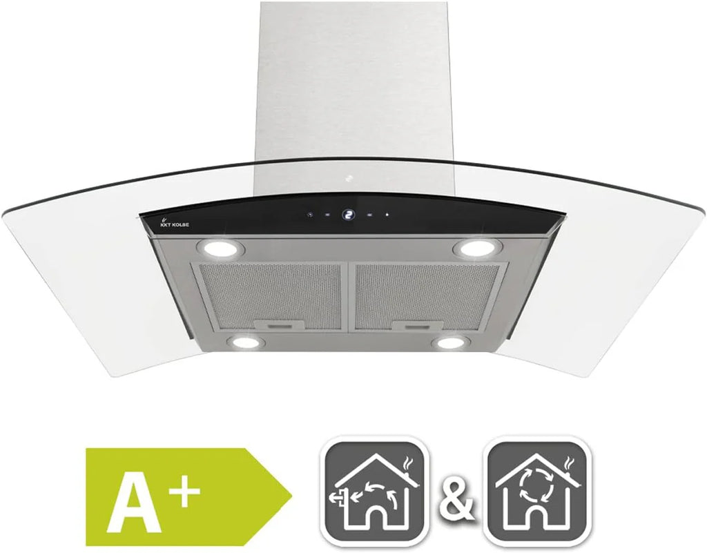 KKT KOLBE Okap kuchenny 90 cm, stal nierdzewna, czarne szkło, aplikacja Smart WiFi, funkcja automatycznego dopływu, obsługa SensorTouch, Delta-Insel-HC
