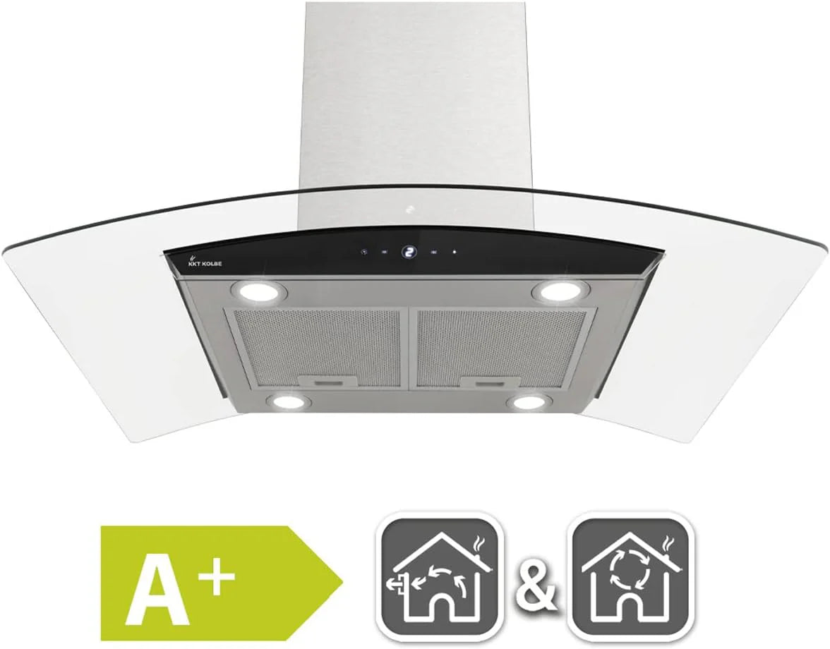 KKT KOLBE Okap kuchenny 90 cm, stal nierdzewna, czarne szkło, aplikacja Smart WiFi, funkcja automatycznego dopływu, obsługa SensorTouch, Delta-Insel-HC