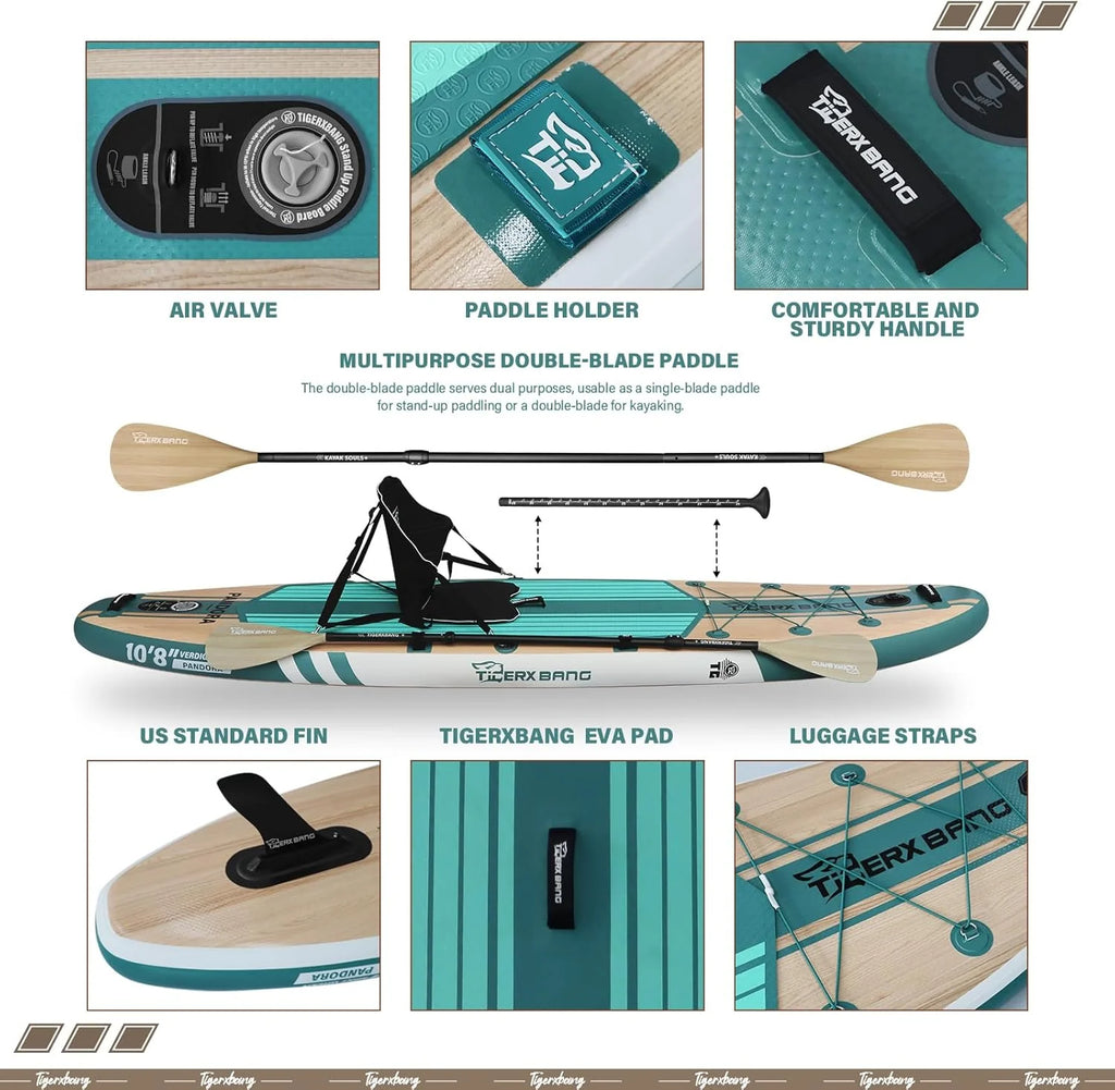 TIGERXBANG Deska SUP, deska do paddlingu, 10'8, 330 x 86 x 15 cm, z kompletnym nadmuchiwanym akcesoriami klasy premium, bardzo szerokie deski do wiosłowania dla dorosłych i dzieci, kolekcja Pandora