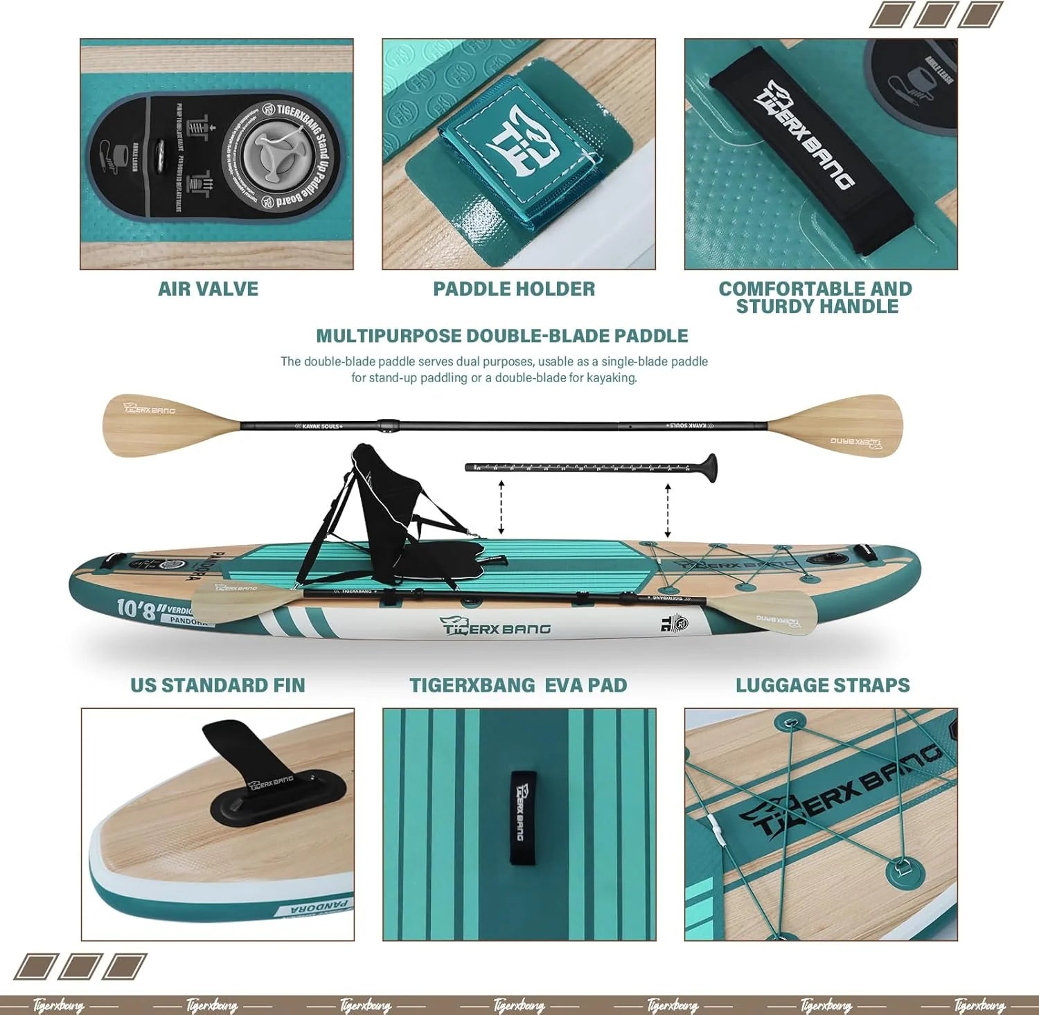 TIGERXBANG Deska SUP, deska do paddlingu, 10'8, 330 x 86 x 15 cm, z kompletnym nadmuchiwanym akcesoriami klasy premium, bardzo szerokie deski do wiosłowania dla dorosłych i dzieci, kolekcja Pandora