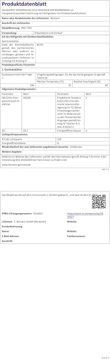 Lodówka Bomann® z drzwiami szklanymi, Klasa energetyczna C, 143 cm, Lodówka na napoje 2-12°C, MultiAirflow, 5 półek drucianych, Odwracalny zawias drzwi, 236 l, Chłodziarka na butelki, KSG 7292, biała