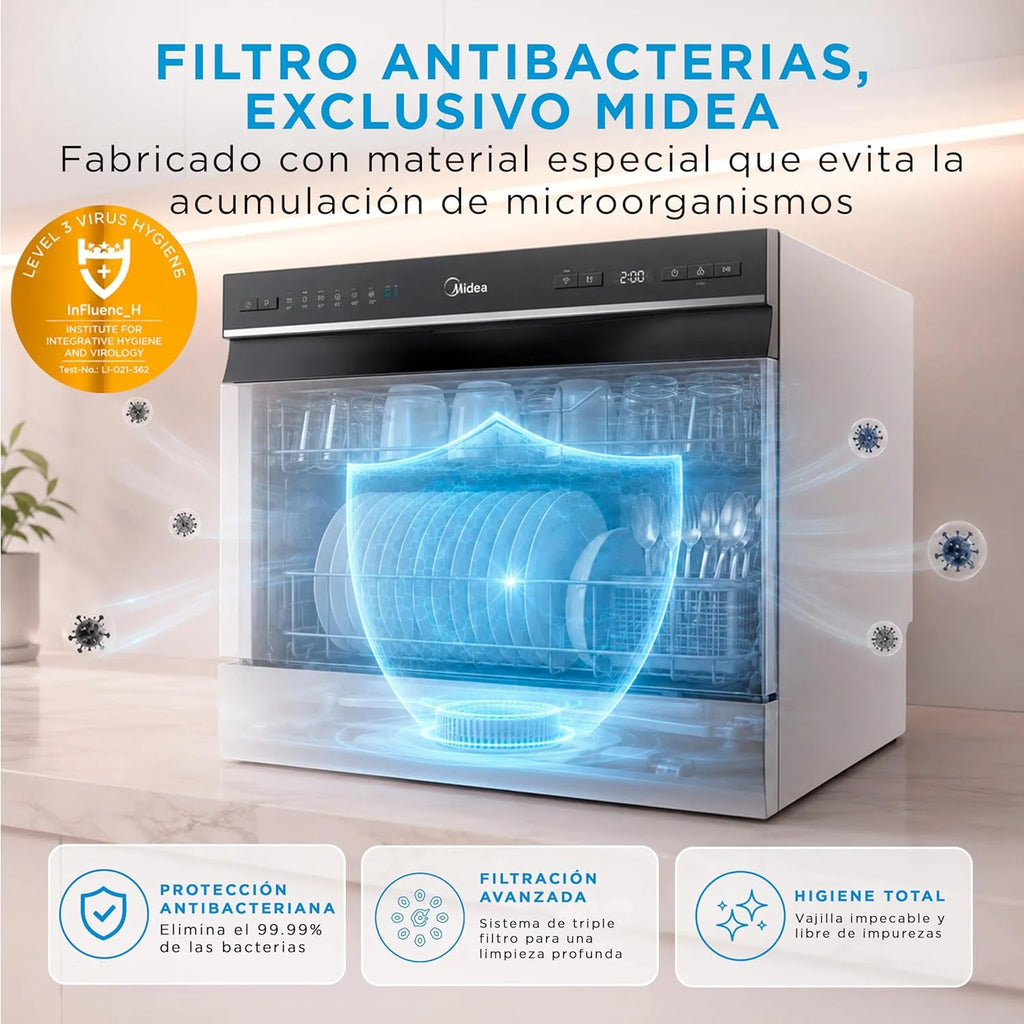 Midea Mała zmywarka, biała, 55 cm, dla 6 osób, kompaktowa i przenośna, bez instalacji, zmywarka z aplikacją Control, 6 programów, filtr antybakteryjny 49 dB, nowy model