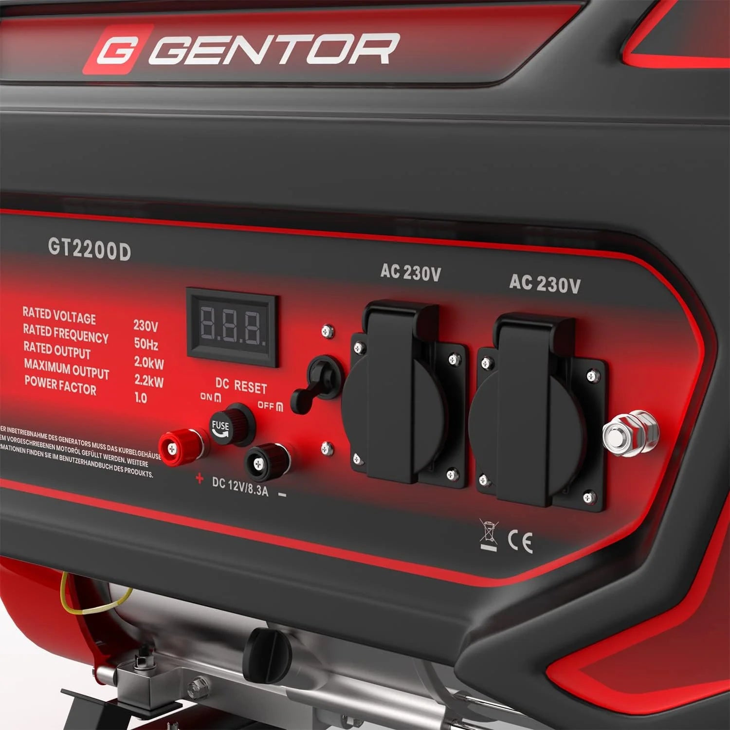 GENTOR generator prądu awaryjnego benzyna cichy 2200 Watt 7.0HP, generatory prądu 4-suwowy silnik benzynowy, 2x 230V, 1x 12V, pull-start, dla kempingu, na zewnątrz, warsztat, dom