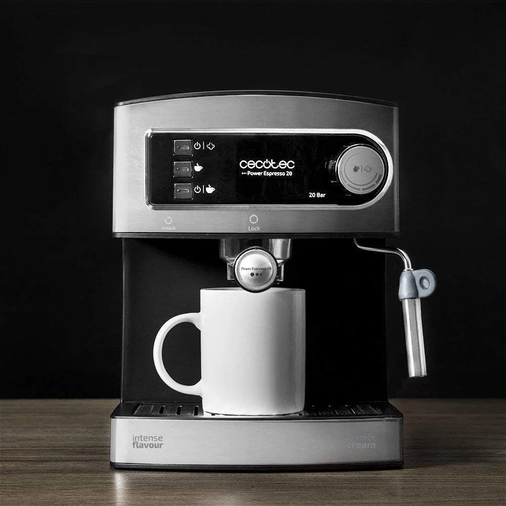 Cecotec Ekspres do kawy z podwójnym wyjściem Power Espresso 20 Barista Cream. 1550 W, 20 prętów, zbiornik na ziarna kawy 250g, młynek z 30 poziomami mielenia, termoblok, zbiornik na wodę 2.5 L