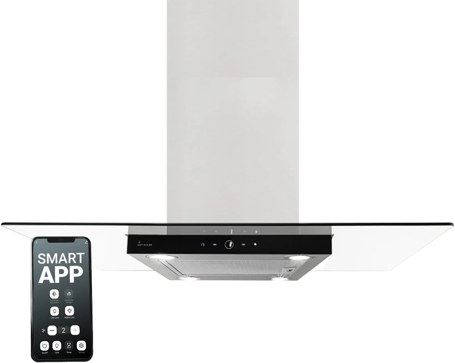 KKT KOLBE Okap kuchenny 90 cm, stal nierdzewna, czarne szkło, aplikacja Smart WiFi, funkcja automatycznego dopływu, obsługa SensorTouch, Delta-Insel-HC