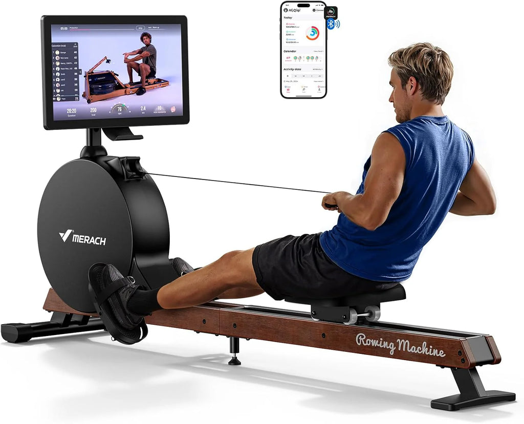 MERACH Wioślarz do Domu – Samozasilający, Ulepszony Magnetyczny Opór Szczytowy 60 kg, Automatyczna Regulacja Oporu, Wyświetlacz LED / 21,5‑calowy Ekran HD (R7)