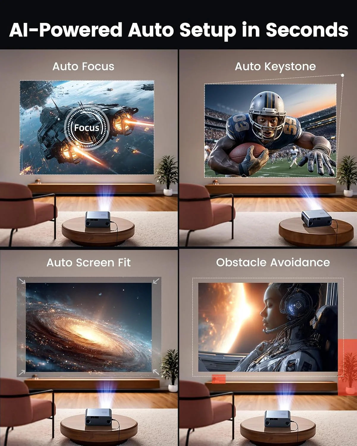 Projektor 4K WiFi Bluetooth 1080P Natywny Full HD, Auto Focus/Keystone Projektor wideo z wbudowaną aplikacją do kina domowego