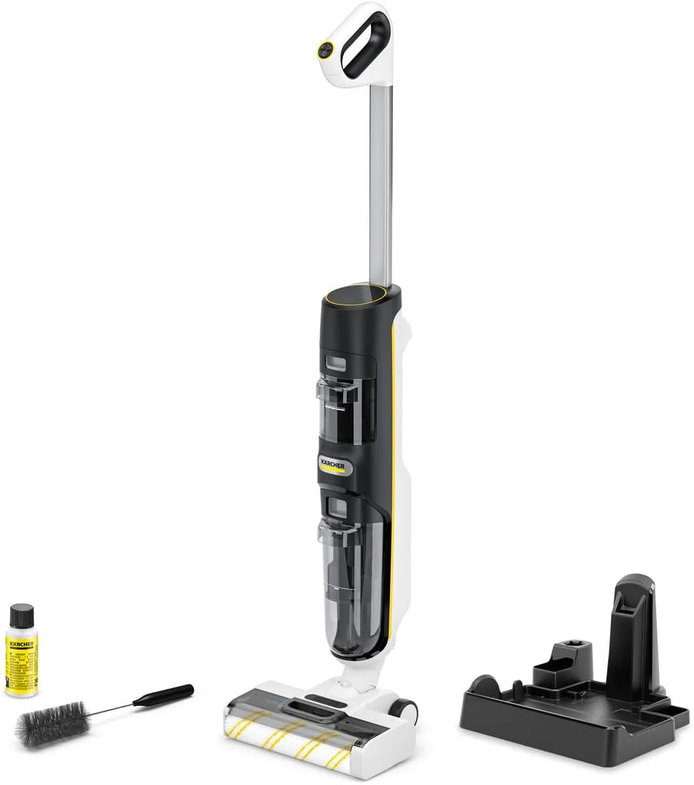 Kärcher bezprzewodowy mop odkurzający FCV 4 Dry Extra, 4 tryby czyszczenia, bateria: ok. 45 min, powierzchnia użytkowa na jedno ładowanie: ok. 200 m², stacja czyszcząca, ładująca i susząca