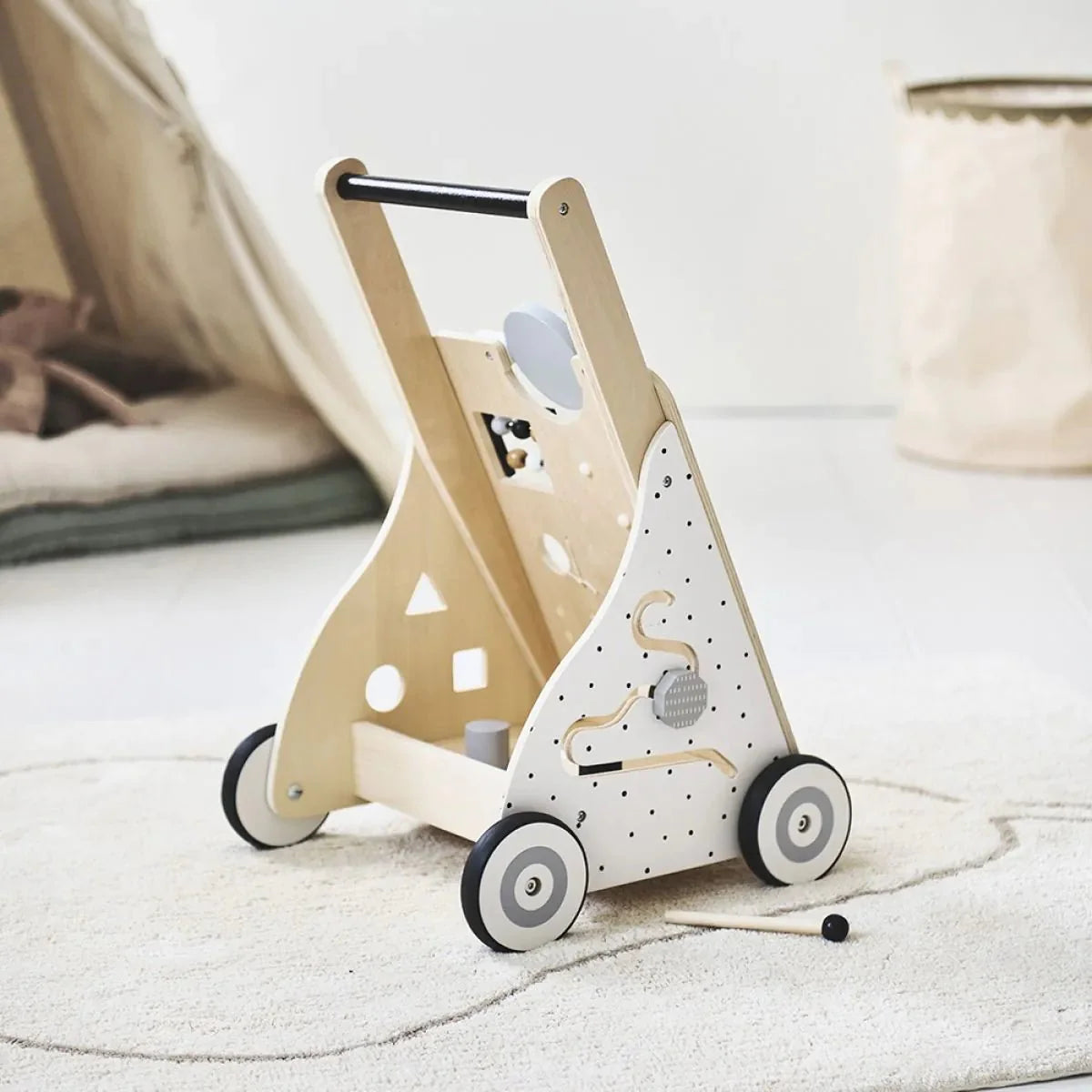 Wooden Baby Walker with Activity Board and Adjustable Wheel Resistance
