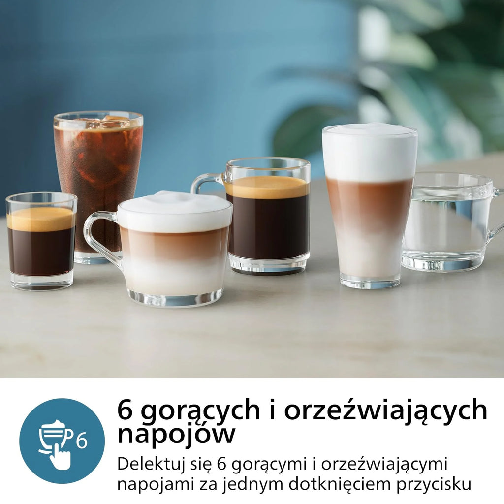 Philips Ekspres do kawy z serii 3300 w pełni zautomatyzowany - 6 napojów, Nowoczesny, Kolorowy ekran dotykowy, LatteGo, SilentBrew, Młynek w 100% ceramiczny, Filtr AquaClean, Czarny chrom (EP3347/90)
