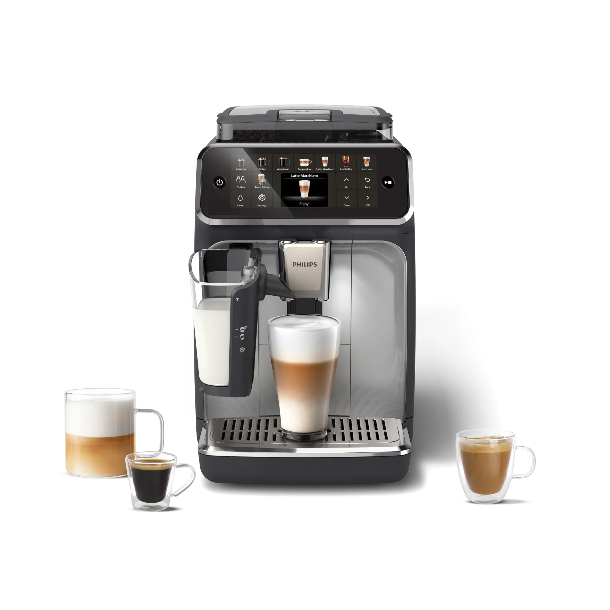 Philips w Pełni Automatyczny Ekspres do Kawy z Serii 5500-20 Kaw Gorących i Mrożonych, Szybki w Czyszczeniu System Mleczny LatteGo, Technologia SilentBrew, QuickStart Czarno-Srebrny (EP5546/70)