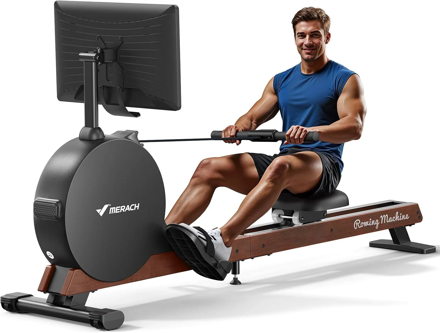 MERACH Wioślarz do Domu – Samozasilający, Ulepszony Magnetyczny Opór Szczytowy 60 kg, Automatyczna Regulacja Oporu, Wyświetlacz LED / 21,5‑calowy Ekran HD (R7)