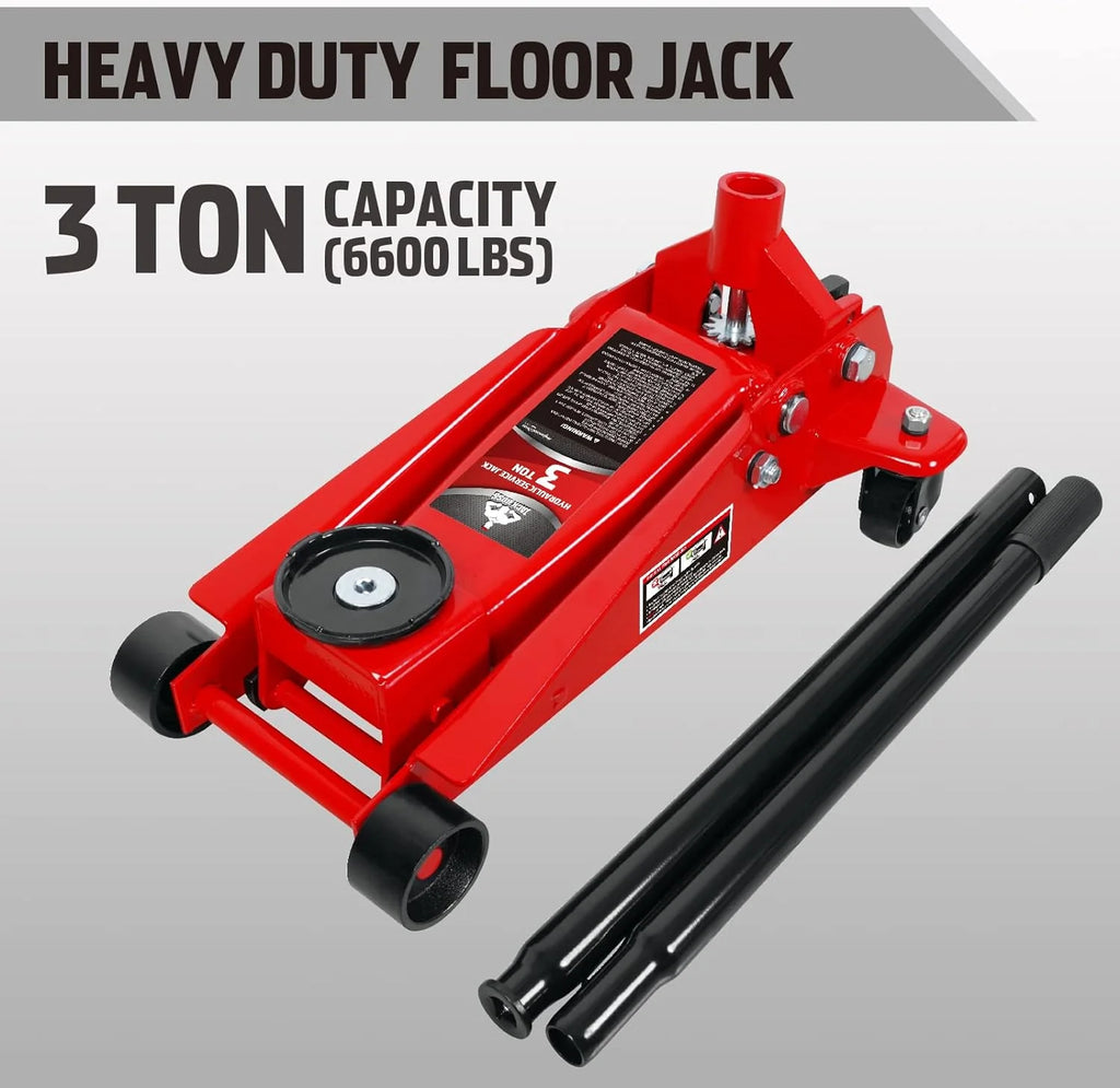 3 Ton Low Profile, Aluminum and Steel Racing Floor Jack with Dual Pistons Quick Lift Pump for Sport Utility Vehicle, Lifting Range 3-15/16 min to 18-5/16 max, Red