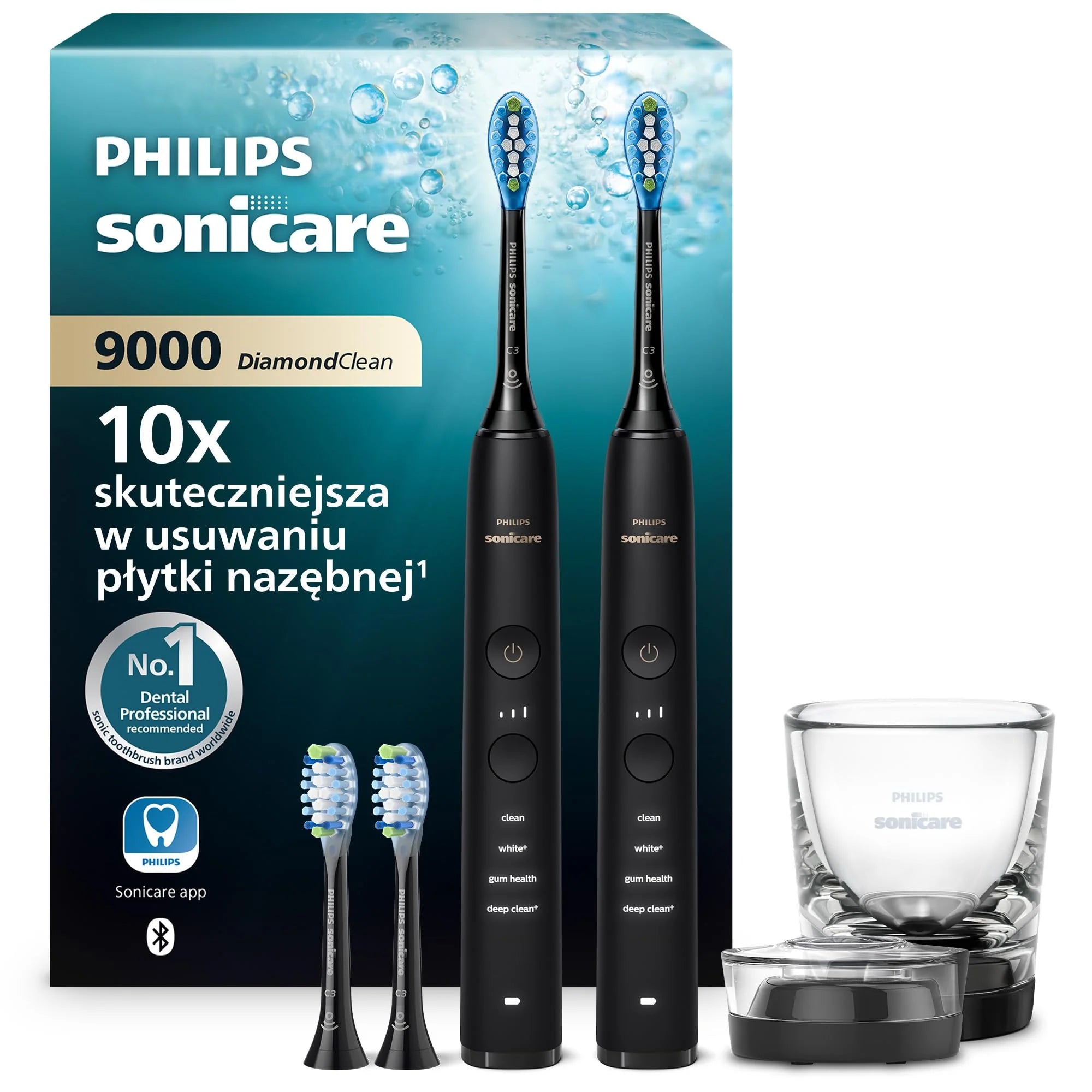 Szczoteczka elektryczna Philips Sonicare DiamondClean 9000, podwójne opakowanie, szczoteczka soniczna z aplikacją, czujnik nacisku, szklanka do ładowania, kolor czarny i Rosegold, model HX9914/61