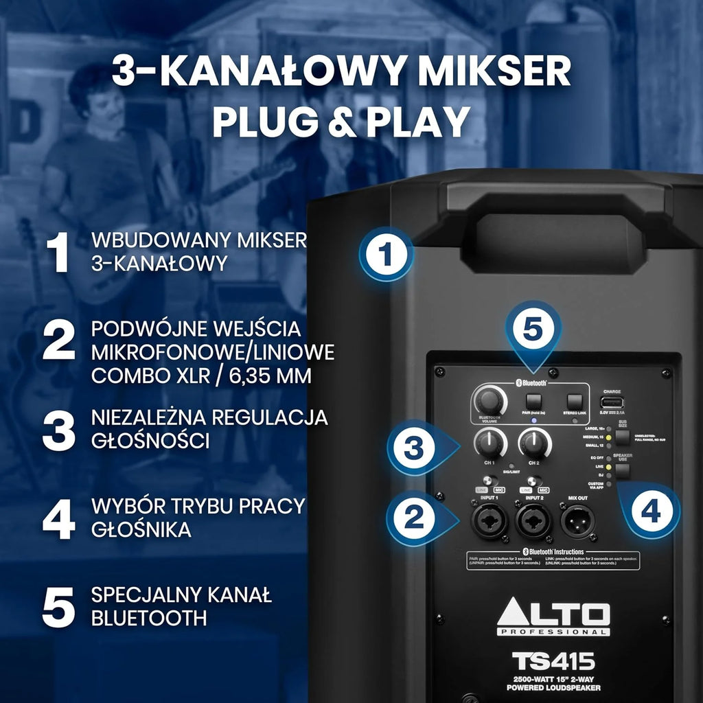 ALTO TS410 Aktywny Głośnik PA 2000W 10 z 3-Kanałowym Mikserem, Bluetooth, Bezprzewodowym Podłączaniem Głośników, DSP i Aplikacją
