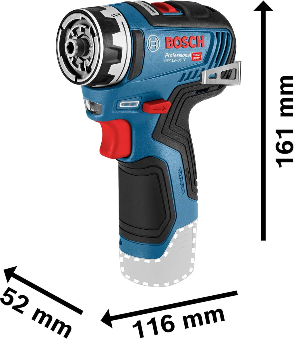 Bosch Professional system 12V: akumulatorowa wiertarko-wkrętarka GSR 12V-35 FC (2 akumulatory GBA 12V 3.0Ah, szybka ładowarka GAL 12V-40, 4 wymienne uchwyty FlexiClick, walizka L-BOXX)