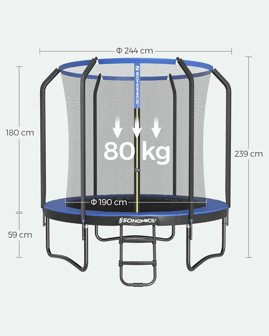 SONGMICS Trampolina Ø 244/305/366/427 cm, certyfikat TÜV Rheinland GS, okrągła trampolina ogrodowa z siatką zabezpieczającą i drabinką, wyściełany stelaż, dla dzieci i dorosłych