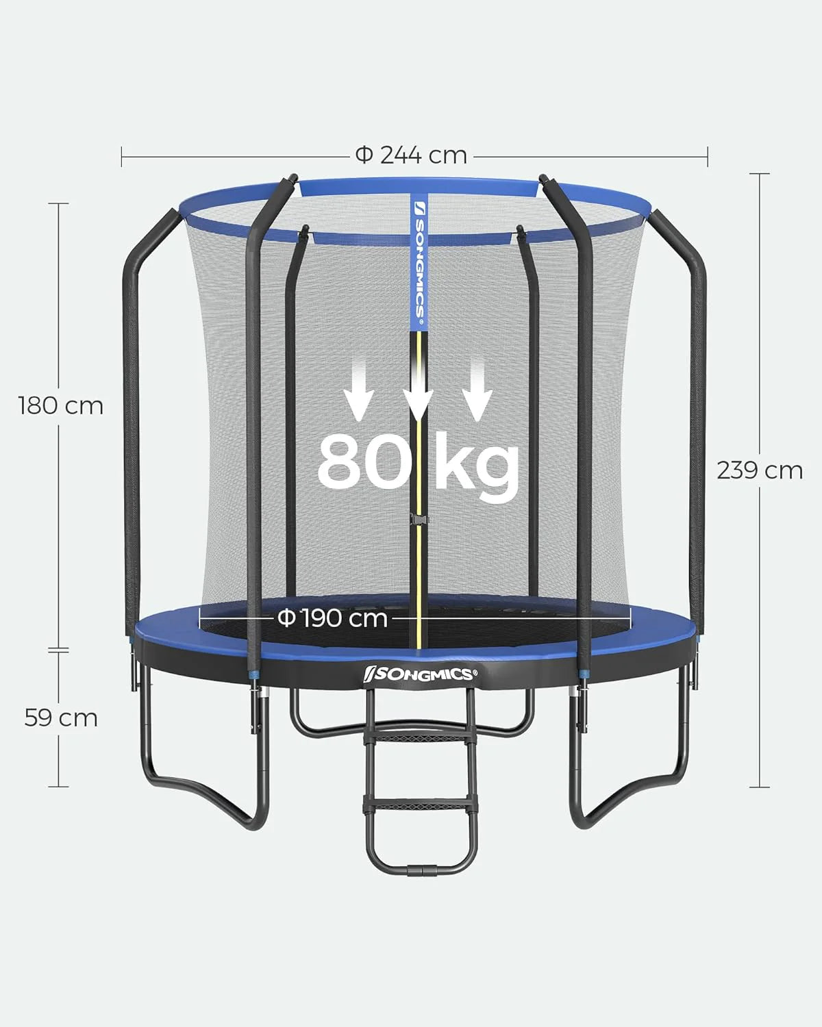 SONGMICS Trampolina Ø 244/305/366/427 cm, certyfikat TÜV Rheinland GS, okrągła trampolina ogrodowa z siatką zabezpieczającą i drabinką, wyściełany stelaż, dla dzieci i dorosłych