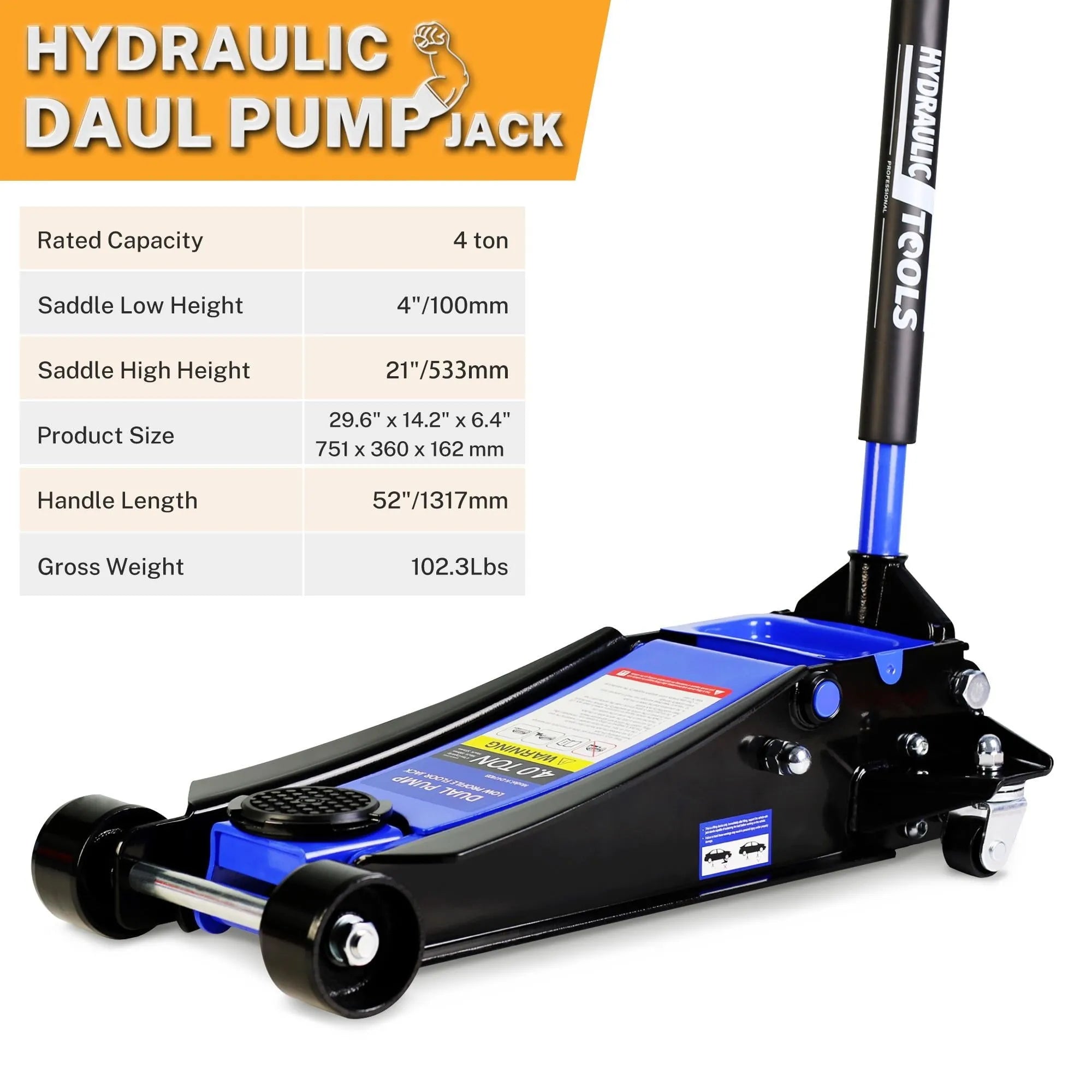 4-Ton Floor Jack, Low Profile Car Jack, Heavy-Duty Trolley Jack Car Lift with Dual Pump Pistons, Lifting Range 4-21, 8000LBS