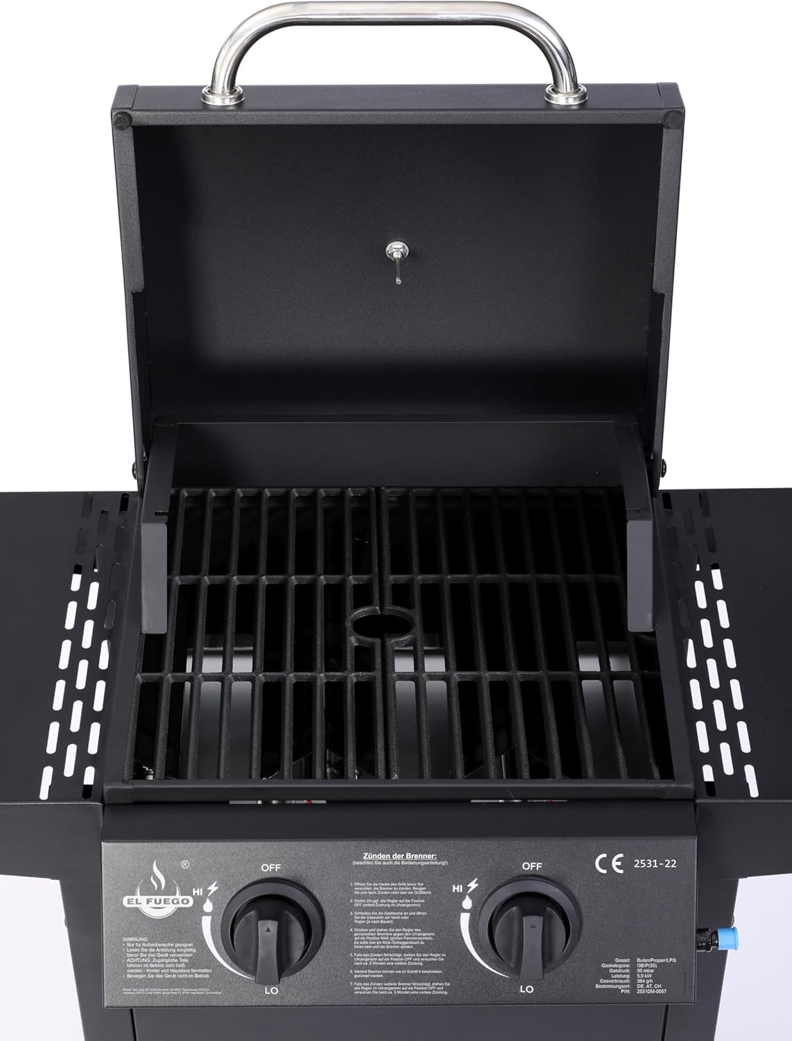 Grill gazowy San Jose 2 palniki firmy El Fuego®, w zestawie wąż gazowy i reduktor ciśnienia, ruszt do grillowania z żeliwa, z termometrem i dużymi półkami bocznymi, grill BBQ | AY0204