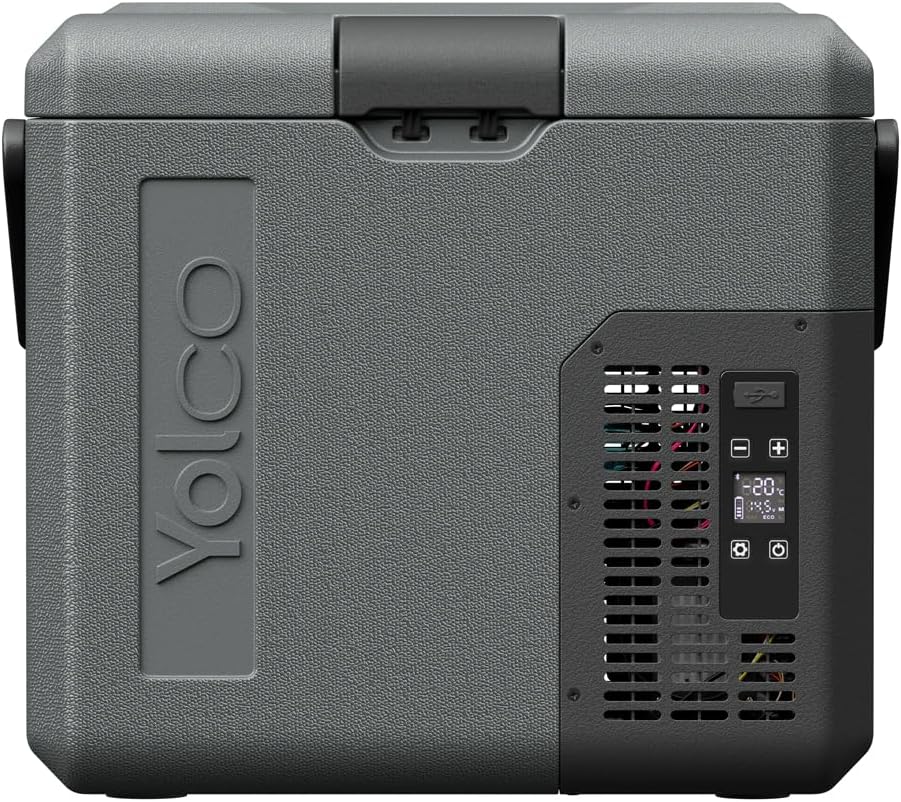 Yolco ET18 Carbon kompresorowa lodówka turystyczna 18 l z akumulatorem SC4B – przenośna lodówka i zamrażarka do -20°C, 12/24 V DC i 230 V, USB, do samochodu, ciężarówki, łodzi, na kemping, szara