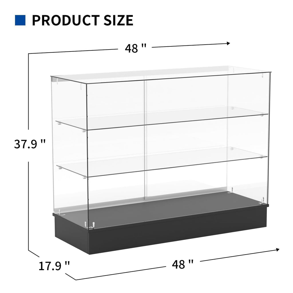 48" W x 17.9" D x 37.9" H - Black Full Vision Retail Display Case, Tempered Glass Display Cabinet with Glass Shelves and Storage Compartment,Storage Cabinets for Retail and Collectible Display