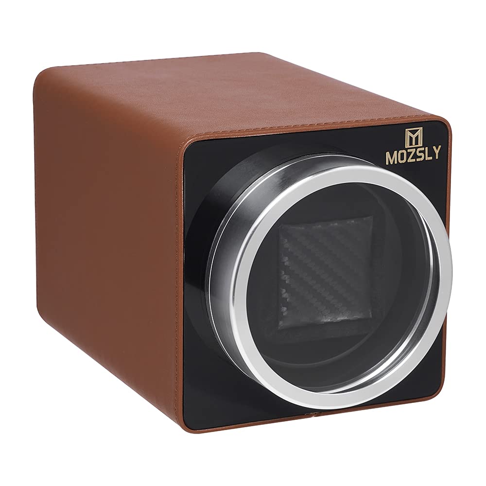 MOZSLY Watch Winder for Automatic Watches Single Rotating Watch Box with Quiet Motor 12 Rotation Mode Setting Battery Powered or AC Adapter PU Leather
