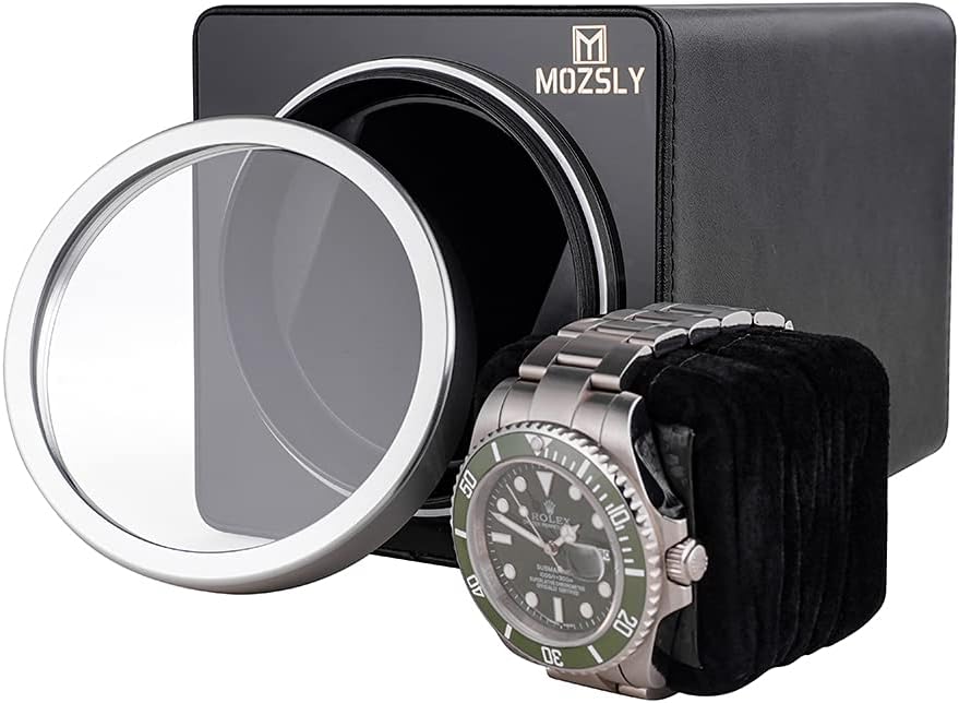 MOZSLY Watch Winder for Automatic Watches Single Rotating Watch Box with Quiet Motor 12 Rotation Mode Setting Battery Powered or AC Adapter PU Leather