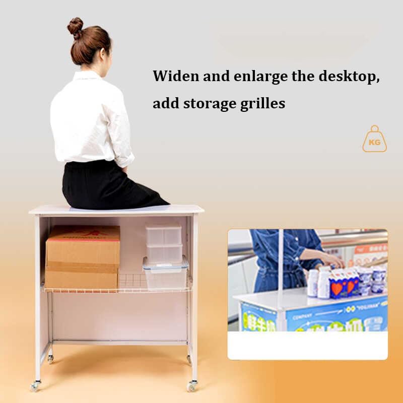 Portable Promotion Counter Table with Wheels, Foldable Tasting Display Stand for Trade Shows, PVC Advertising Podium with Storage Shelves for Supermarkets and Events