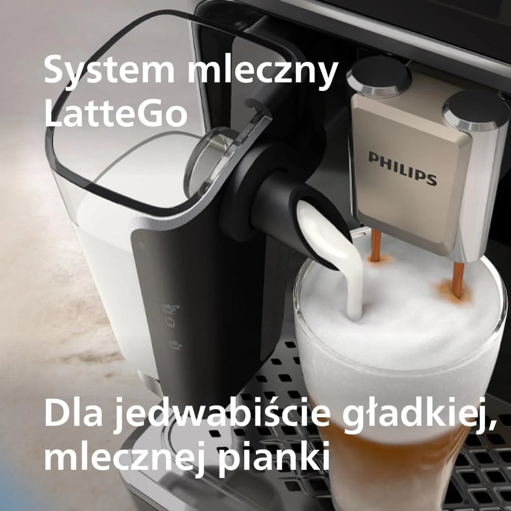 Philips w Pełni Automatyczny Ekspres do Kawy z Serii 5500-20 Kaw Gorących i Mrożonych, Szybki w Czyszczeniu System Mleczny LatteGo, Technologia SilentBrew, QuickStart Czarno-Srebrny (EP5546/70)