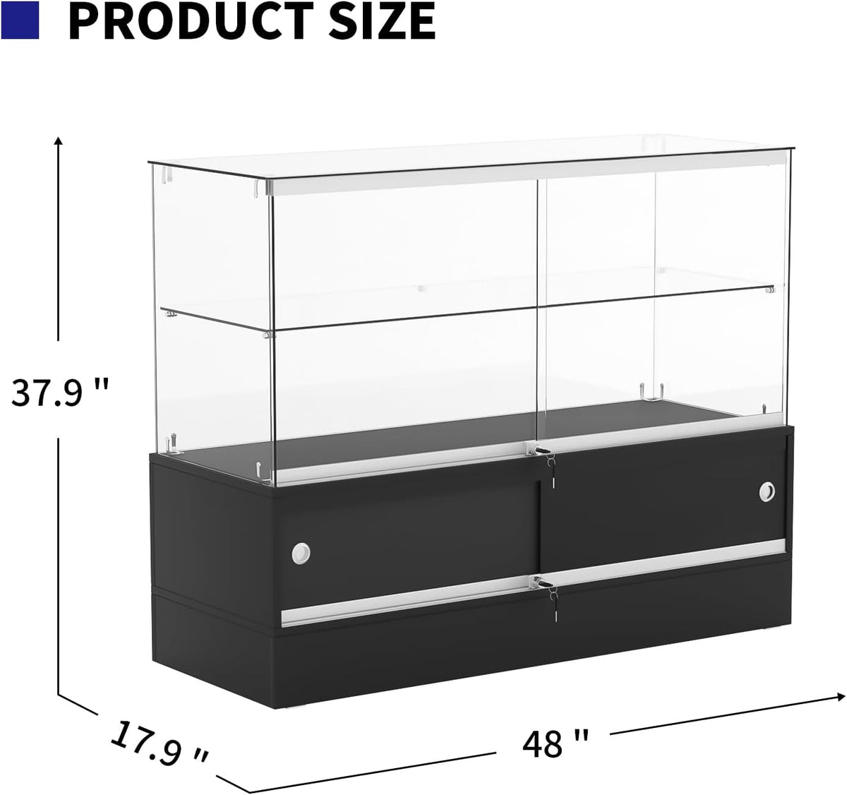 48" W x 17.9" D x 37.9" H - Black Full Vision Retail Display Case, Tempered Glass Display Cabinet with Glass Shelves and Storage Compartment,Storage Cabinets for Retail and Collectible Display