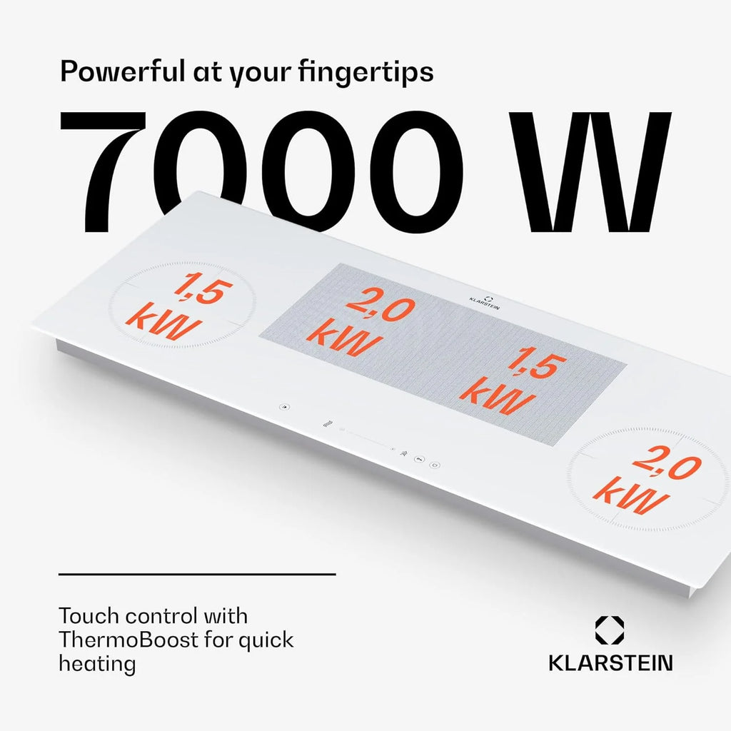 Klarstein Płyta indukcyjna, płyta kuchenna z ceramiki szklanej, 7000 W, płyta indukcyjna z 4 płytami, płyta indukcyjna do zabudowy z ekranem dotykowym i timerem, nowoczesne płyty grzewcze z