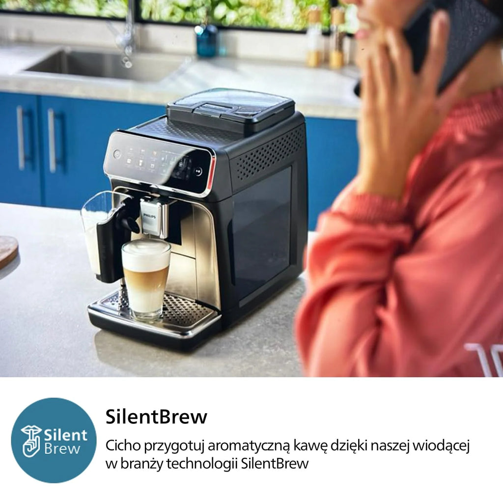 Philips Ekspres do kawy z serii 3300 w pełni zautomatyzowany - 6 napojów, Nowoczesny, Kolorowy ekran dotykowy, LatteGo, SilentBrew, Młynek w 100% ceramiczny, Filtr AquaClean, Czarny chrom (EP3347/90)