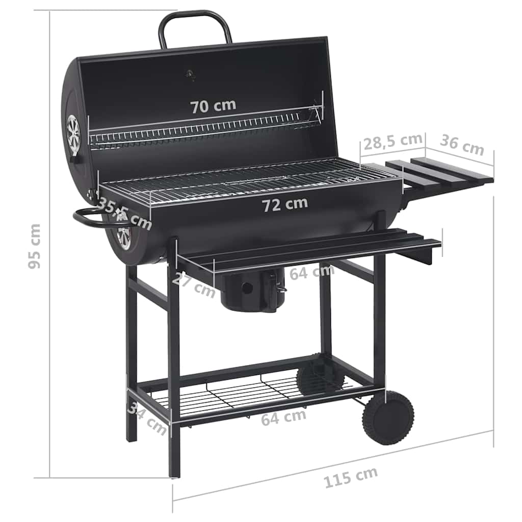 2026 Grill z kółkami i półkami, czarny, stalowy, 115 x 85 x 95 cm, grill zewnętrzny