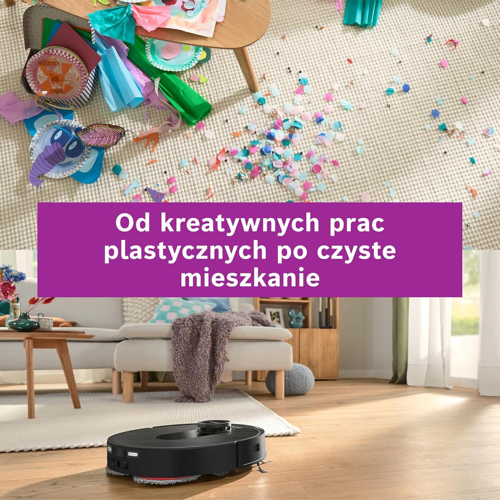 Bosch Spotless Max Robot sprzątający z funkcją mopowania, moc ssania 11 000 Pa, wysuwana nakładka mopującą, stacja czyszczącą, nawigacją Smart Vision, aplikacja Bosch Home Connect, BCRDW3B, czarny