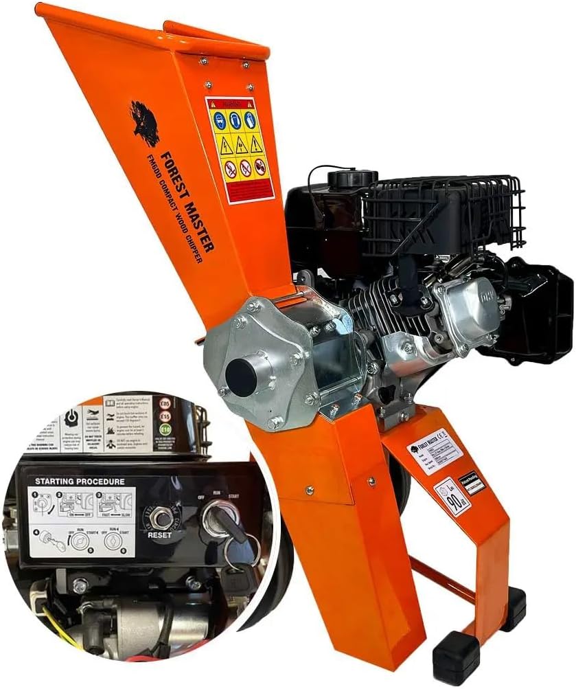 Forest Master FM6DDES-MUL 6HP Benzynowy rębak do drewna i niszczarka ogrodowa z rozrusznikiem elektrycznym – Samożywny mulczer rozdrabnia gałęzie do 50mm – Idealny do wszystkich zielonych odpadów