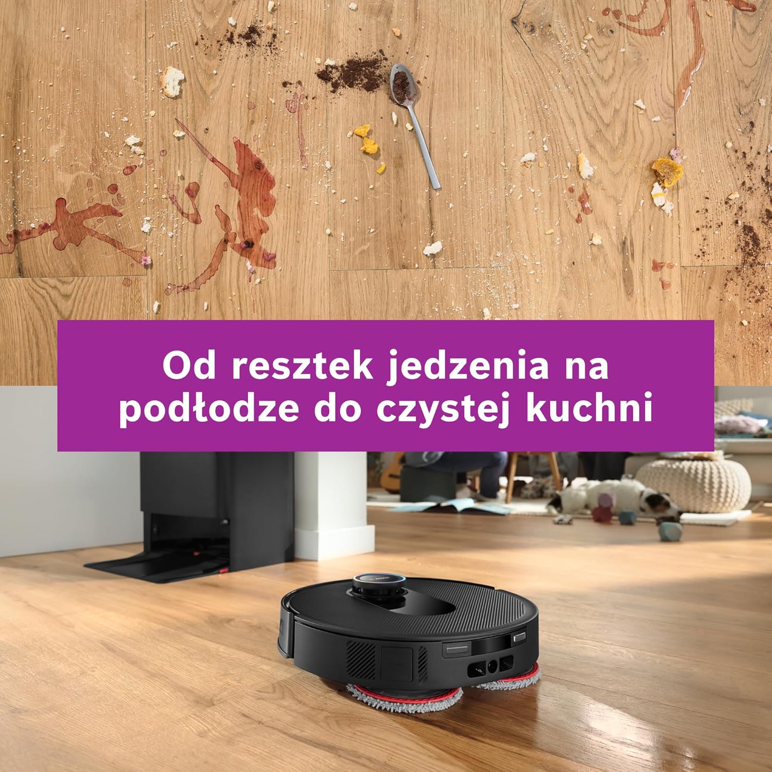 Bosch Spotless Max Robot sprzątający z funkcją mopowania, moc ssania 11 000 Pa, wysuwana nakładka mopującą, stacja czyszczącą, nawigacją Smart Vision, aplikacja Bosch Home Connect, BCRDW3B, czarny