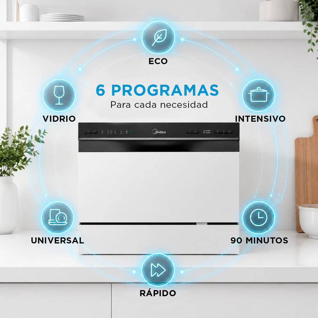 Midea Mała zmywarka, biała, 55 cm, dla 6 osób, kompaktowa i przenośna, bez instalacji, zmywarka z aplikacją Control, 6 programów, filtr antybakteryjny 49 dB, nowy model