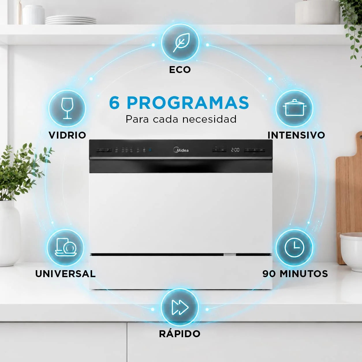 Midea Mała zmywarka, biała, 55 cm, dla 6 osób, kompaktowa i przenośna, bez instalacji, zmywarka z aplikacją Control, 6 programów, filtr antybakteryjny 49 dB, nowy model