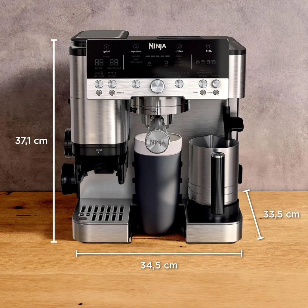 Ninja Luxe Premier Ekspres do kawy 3 w 1, latte, cappuccino, cold brew, espresso, wbudowany młynek i spieniacz do mleka, łatwy w obsłudze, 4 automatyczne ustawienia spieniania, srebrny, ES601EU