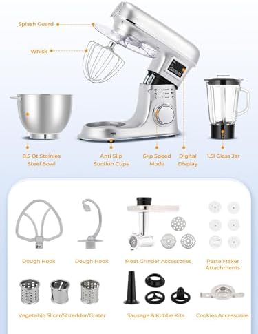 8L Stand Mixer z wyświetlaczem LED 6-Speed Tilt-Head-Healed Electric Kitchen Maszyna do miski ze stali nierdzewnej Mięso miedło Whisk Pasta Maker Do Pieczenia