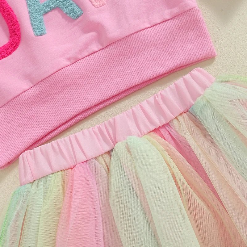 Kids Girls Outfit Long Sleeve Embroidery Letters Sweatshirt Tulle Skirt Birthday Clothes