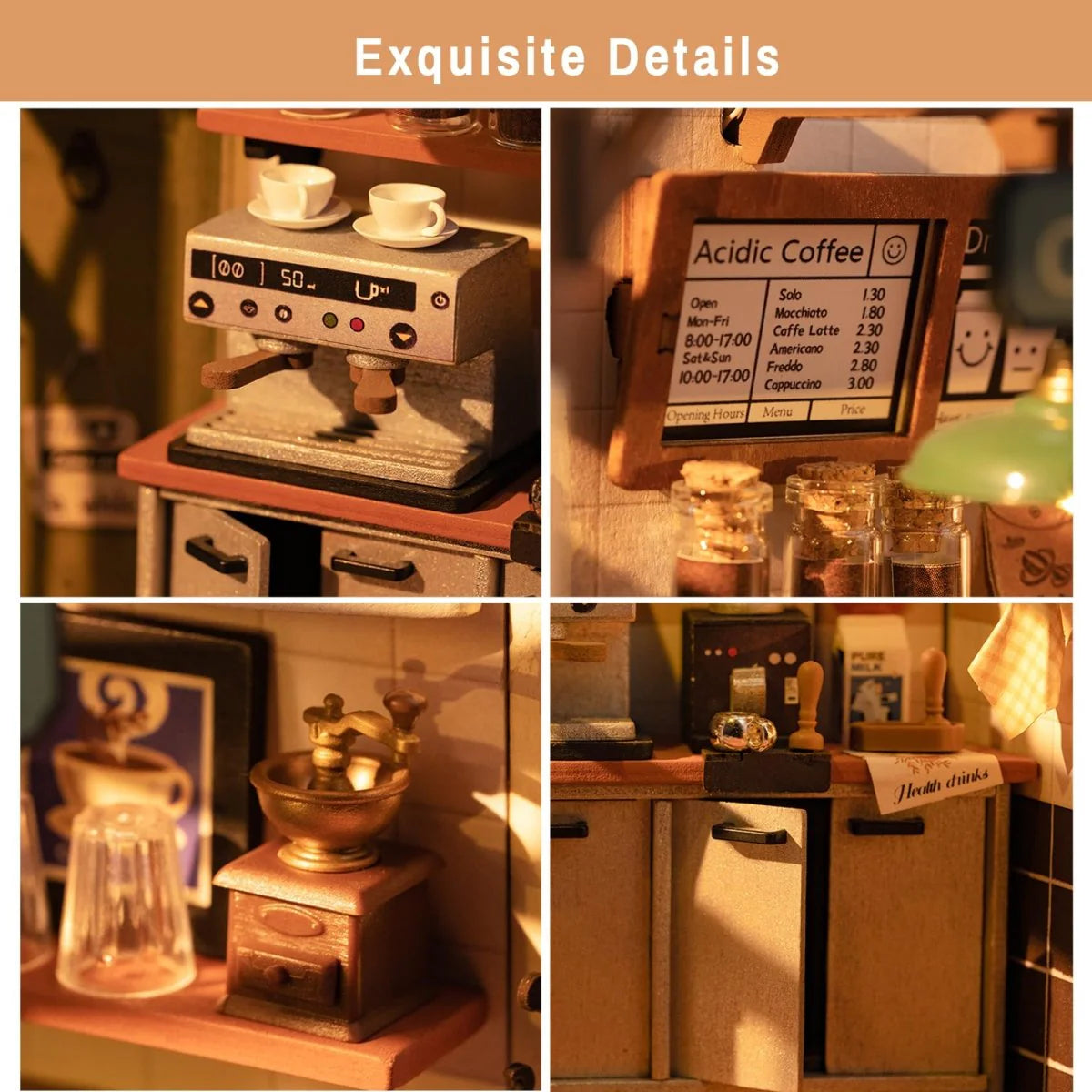 Miniature Wooden Cafe Kit with Lights, Furniture and Accessories