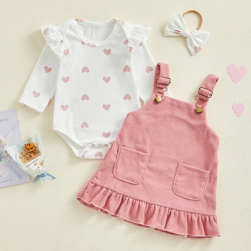 Baby Girls Outfits Heart Print Romper | Suspender Skirt | Headband Set
