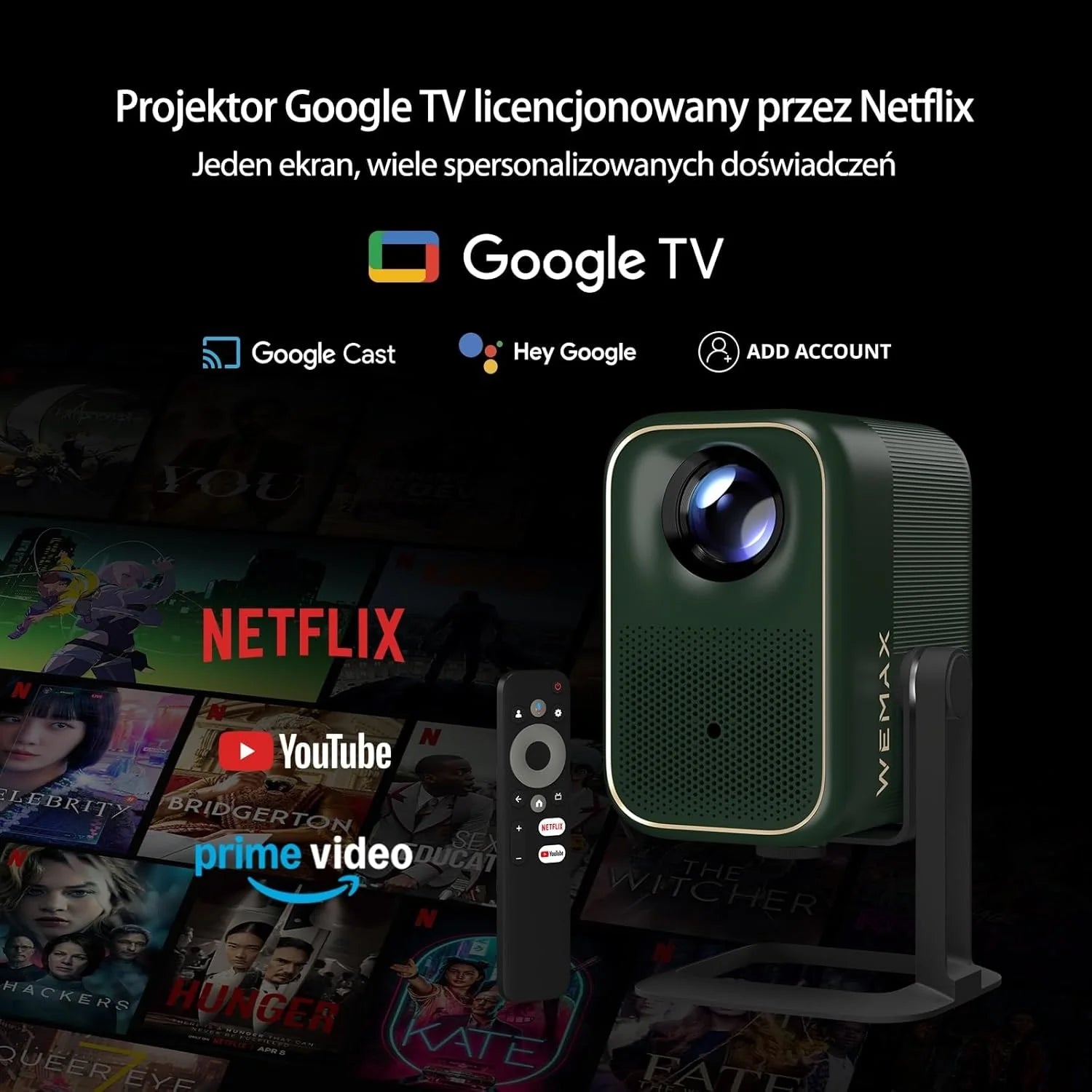 WEMAX Inteligentny Projektor Google TV 1080P Full HD, Obsługa 4K, 320 ISO Lm, MEMC Płynność na Mecze 2026, Auto Focus i Keystone, Omijanie Przeszkód, HDR10, Dolby Audio, WiFi 5G, Bluetooth