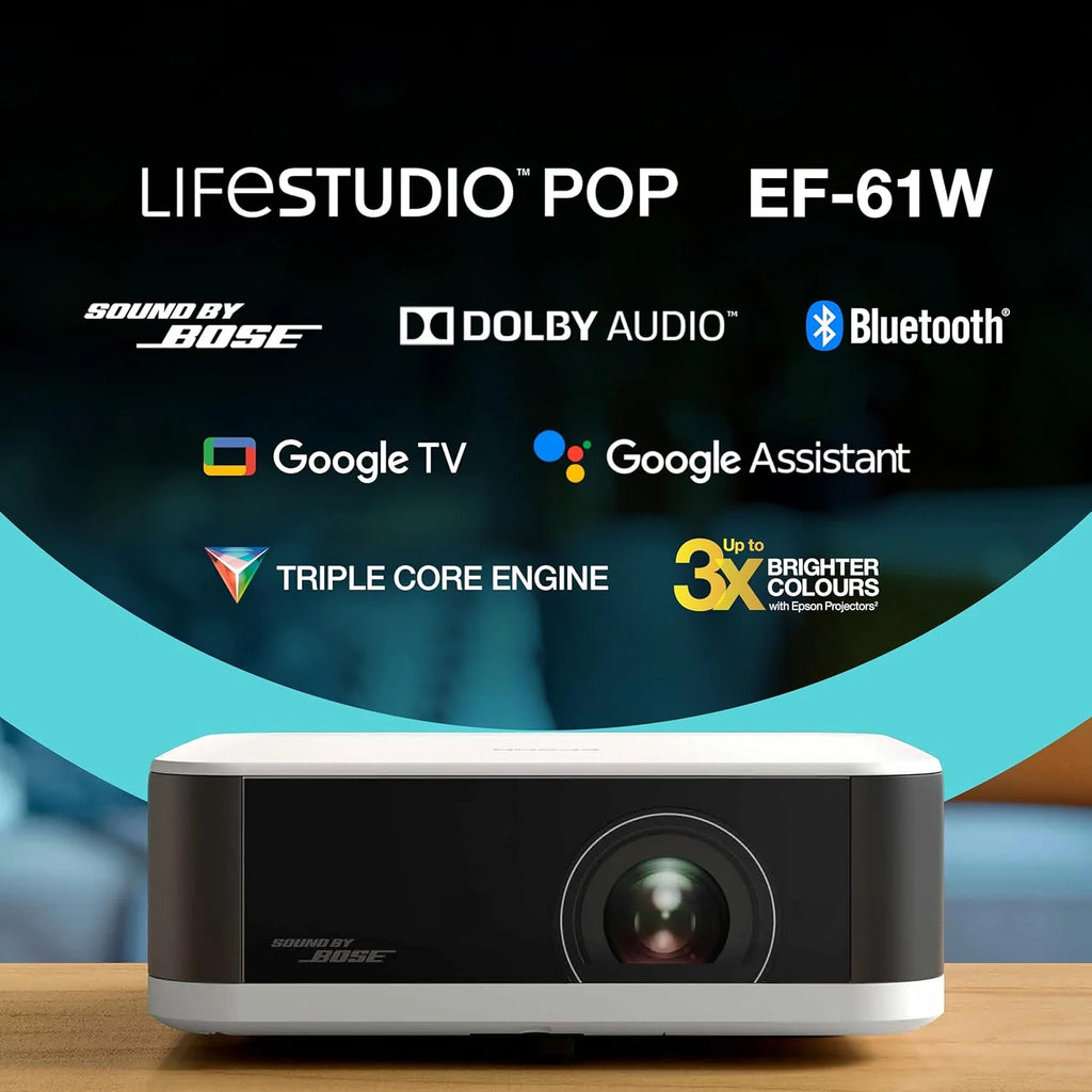 Epson Lifestudio Pop EF-61W Biały diament Przenośny inteligentny projektor, Sound by Bose, Google TV, Full HD, do użytku wewnątrz i na zewnątrz, 5 lat