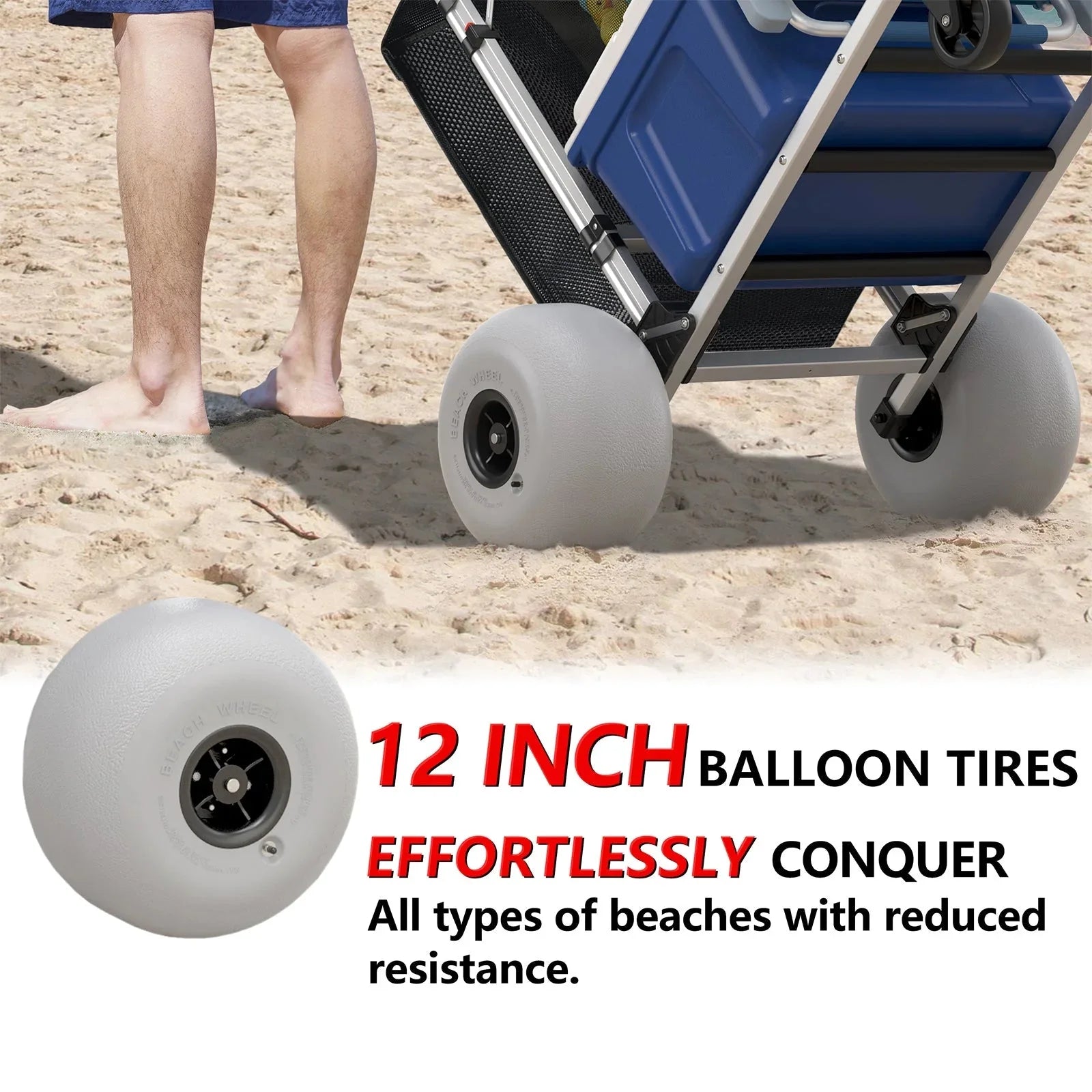 Foldable Beach Cart with Adjustable Handle and 12 Balloon Wheels, Heavy Duty Aluminum 220LBS Capacity
