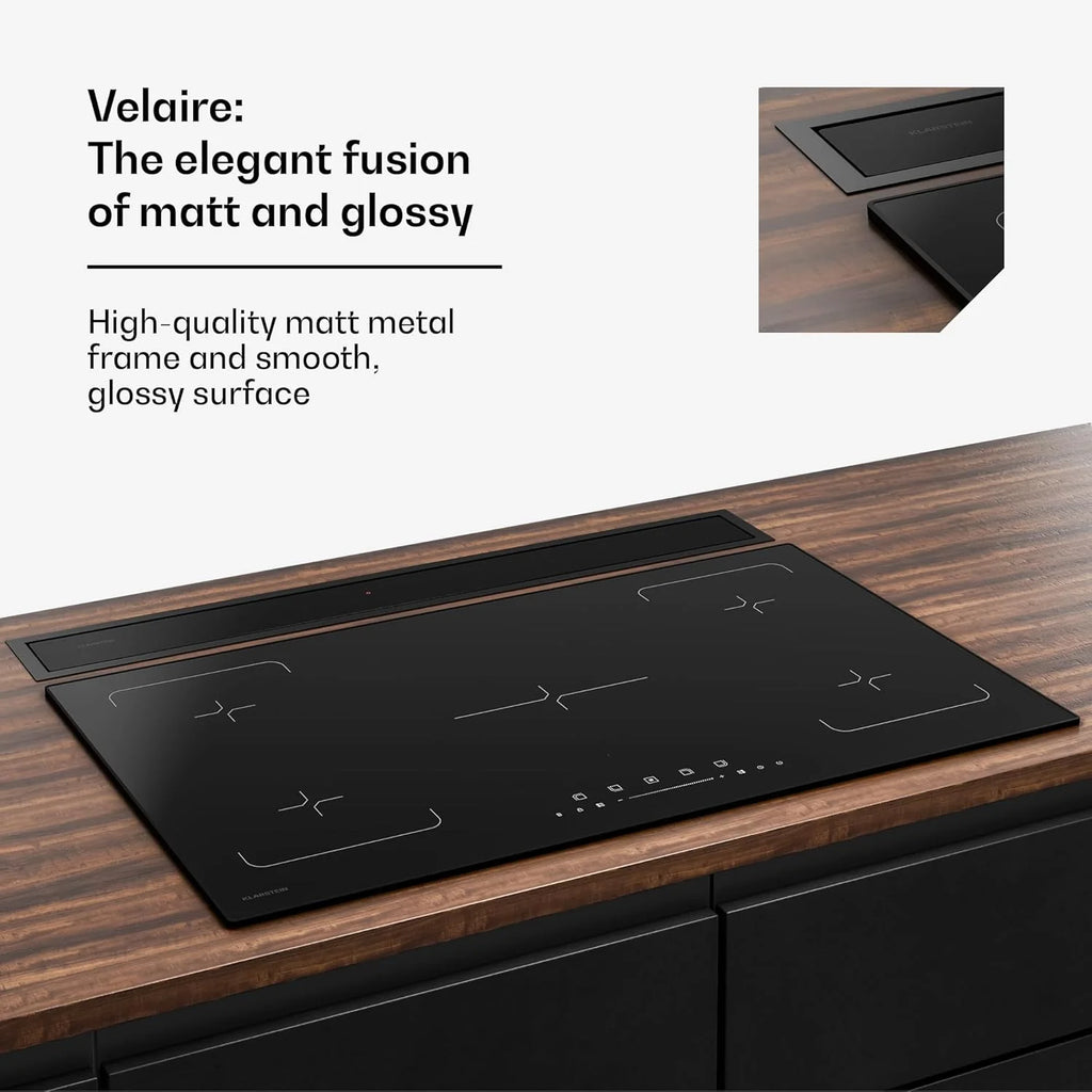 Klarstein Velaire Okap kuchenny 90 cm - A++ Downdraft, przepływ powietrza 906 m³/h, obsługa dotykowa, LED, cichy, filtr nadaje się do mycia w zmywarce, okap kuchenny 90 cm